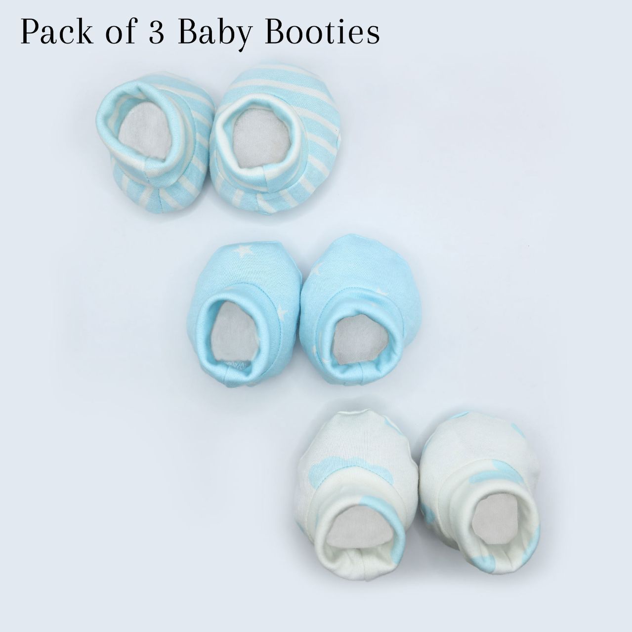 Pair of 3 Baby Booties Light Blue (Stripes, Clouds, Stars)