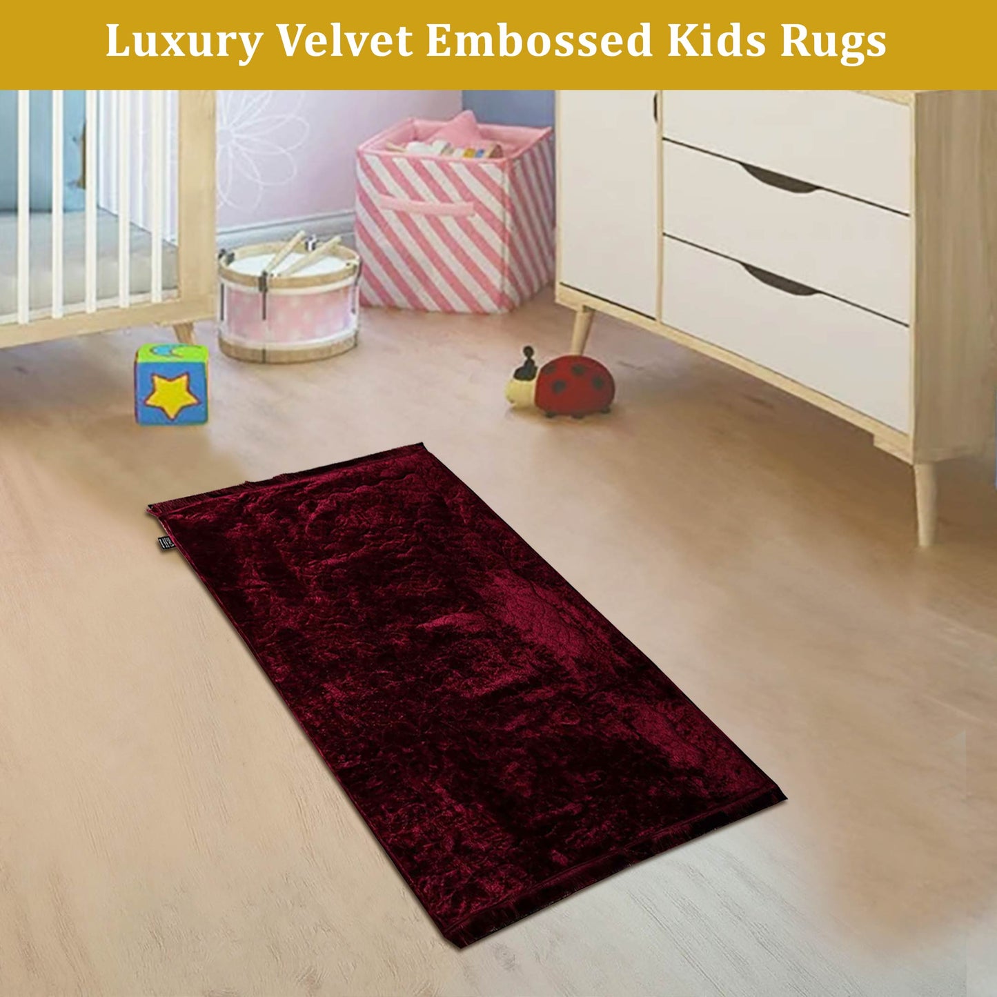 Luxury Crushed Velvet Kids Rug Burgundy