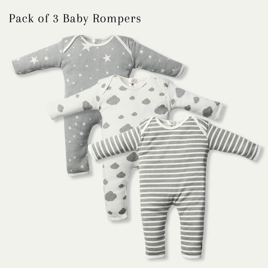 Newborn Baby Romper Bodysuit Grey (Stripes, Clouds, Stars)