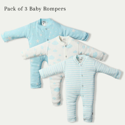 Newborn Baby Romper Bodysuit Light Blue (Stripes, Clouds, Stars)