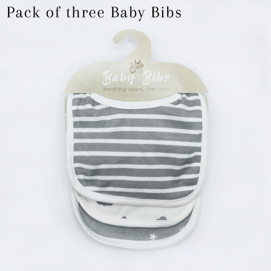 Pack of 3 Bibs Set Grey (Stripes, Clouds, Stars)