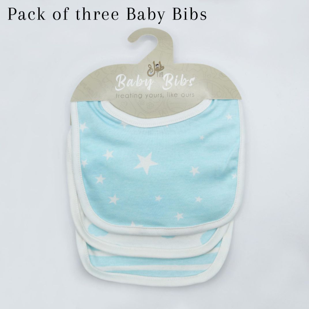 Pack of 3 Bibs Set Light Blue (Stripes, Clouds, Stars)