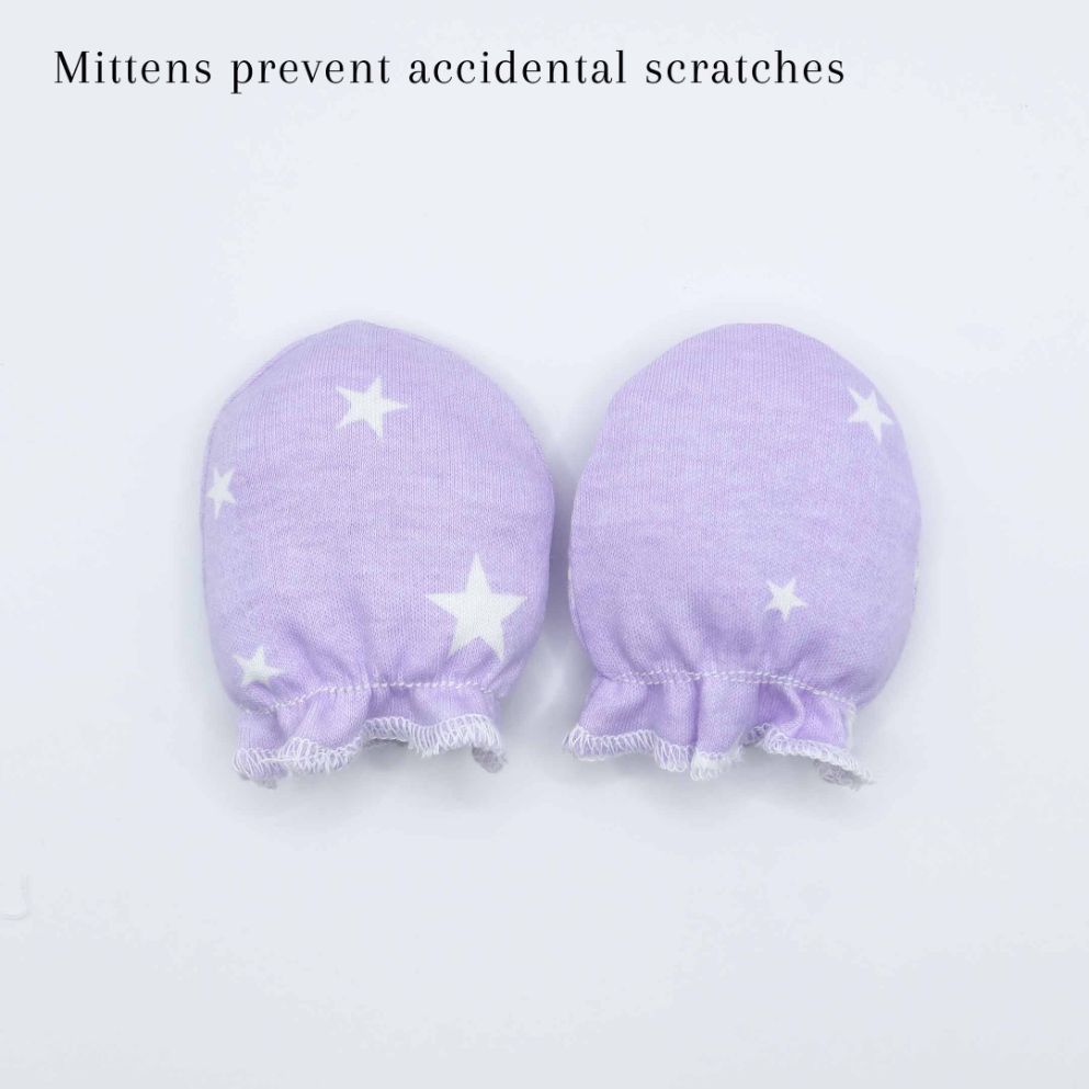 Pair of 3 Baby Mittens Lilac (Stripes, Clouds, Stars)