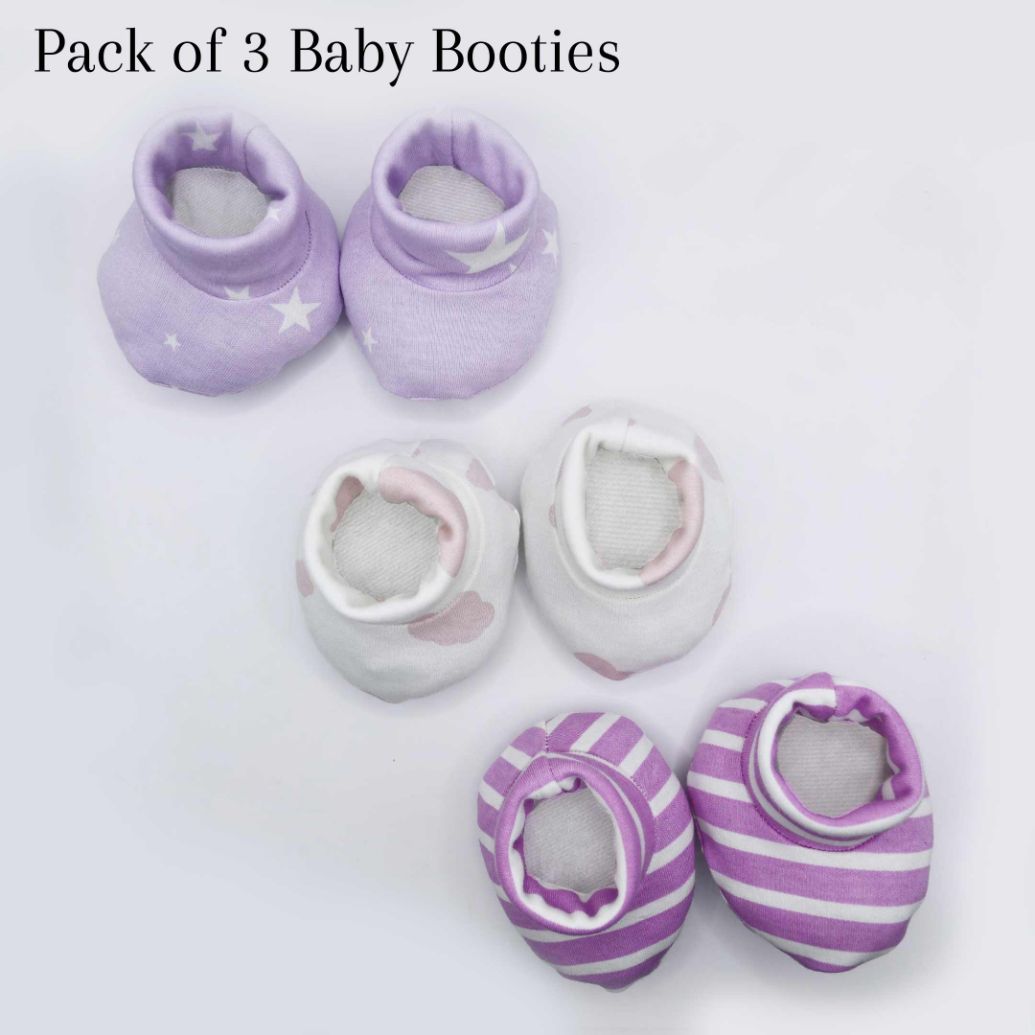 Pair of 3 Baby Booties Lilac (Stripes, Clouds, Stars)