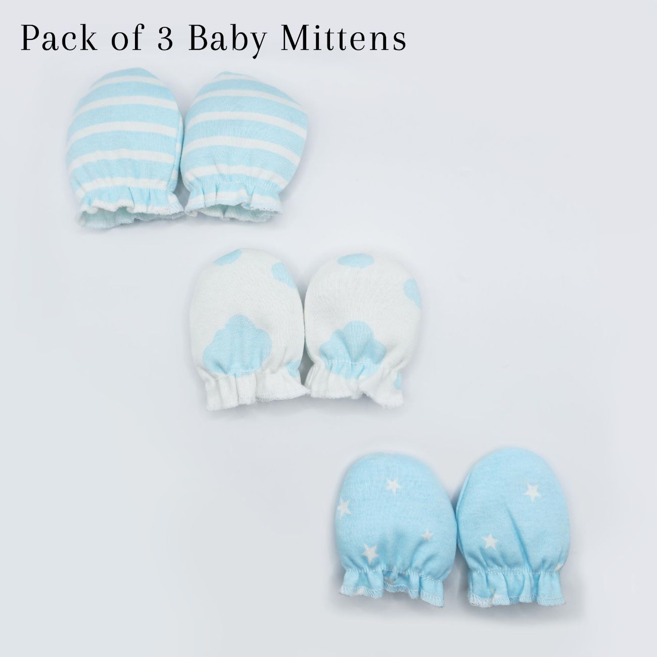 Pair of 3 Baby Mittens Light Blue (Stripes, Clouds, Stars)