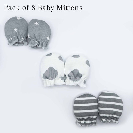 Pair of 3 Baby Mittens Grey (Stripes, Clouds, Stars)