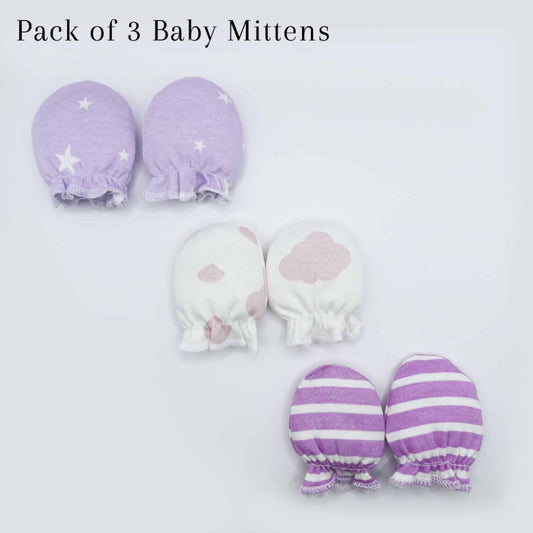 Pair of 3 Baby Mittens Lilac (Stripes, Clouds, Stars)